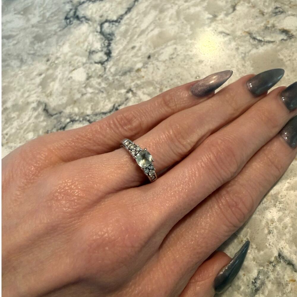 White Gold Engagement Ring Diamonds w Green Amethyst Center Stone Sz 5.25
